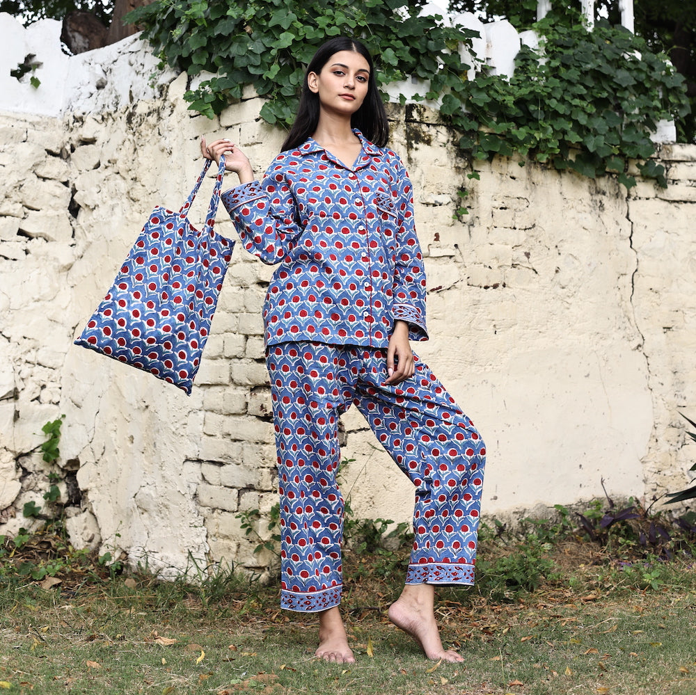 Block Printed Pajama Set: Royal Blue – The Fox and The Mermaid