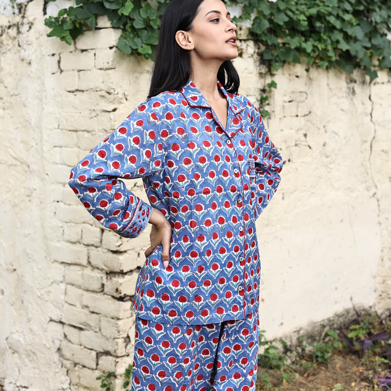 blue pjs with red flowers  - The Fox and the Mermaid