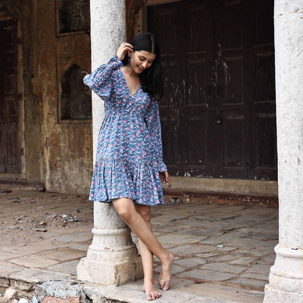 indian block printed blue dress 