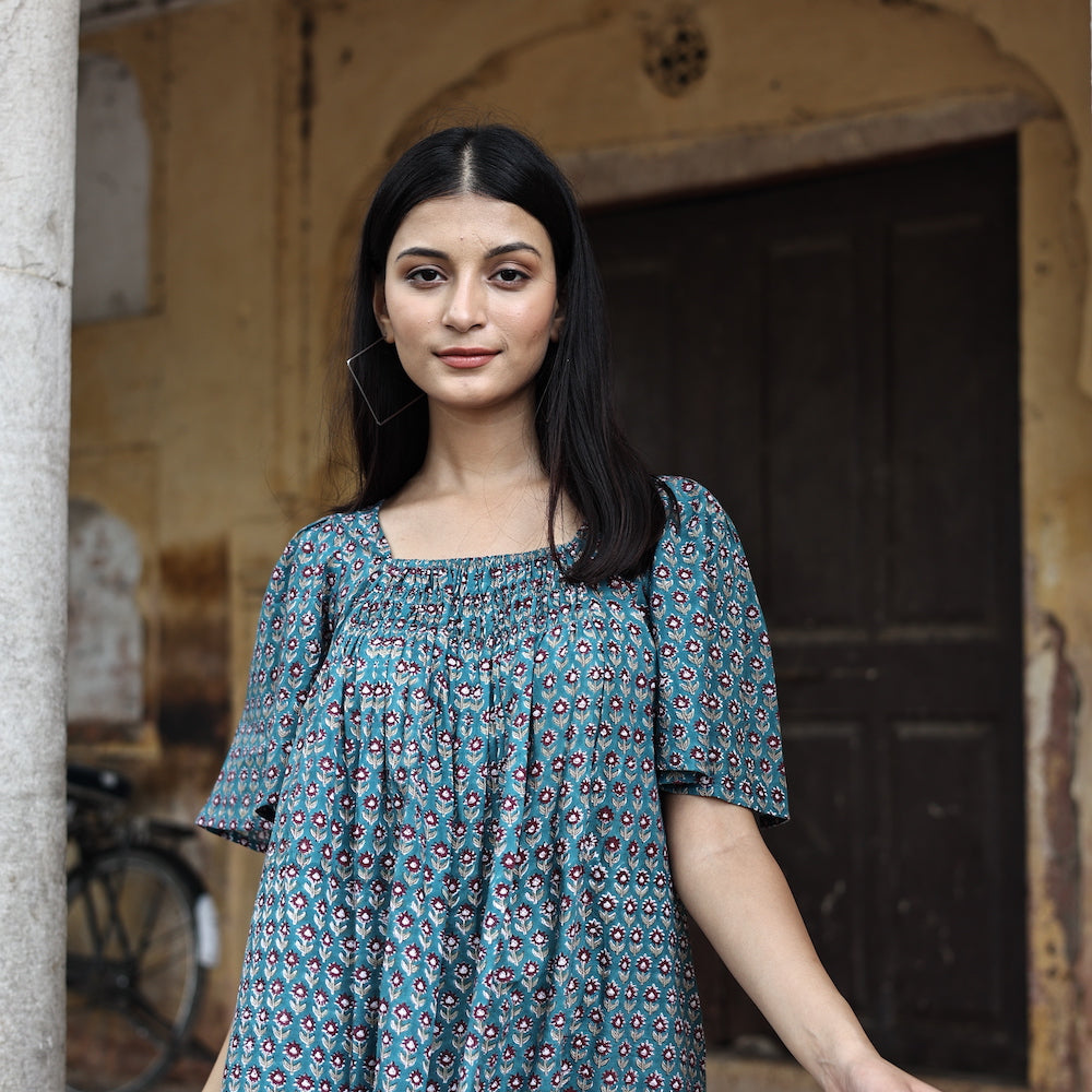 INDIAN blue and red cotton  HAND PRINTED mini DRESS 