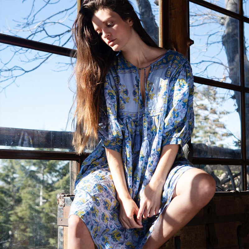 blue and yellow block printed dress - The Fox and the Mermaid