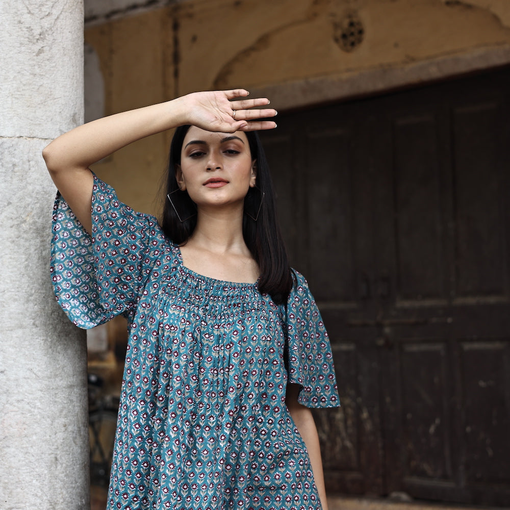 BLUE AND RED FLORAL BLOCK PRINTED DRESS  THE FOX AND THE MERMAID