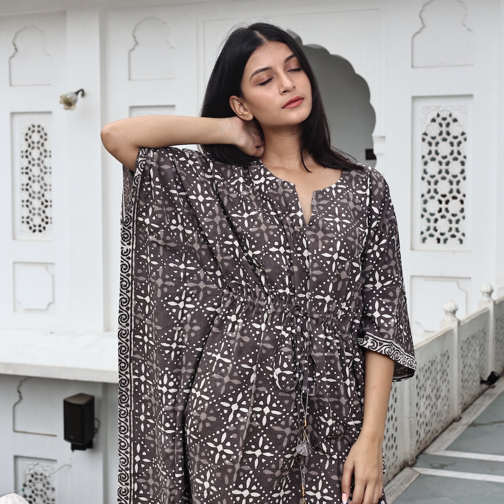 brown cotton dabu caftan dress 