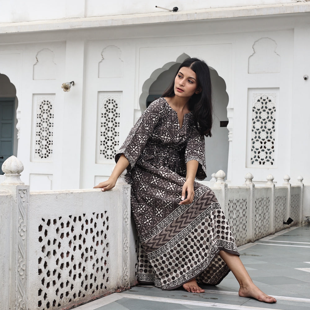 indian cotton earthy brown kaftan dress block printed