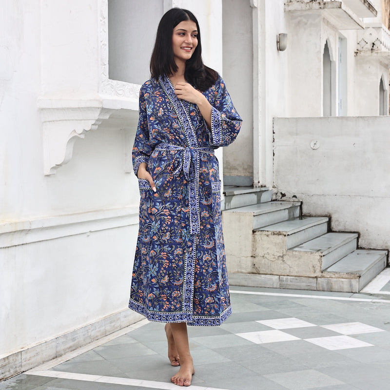 hand printed blue robe and bag - The Fox and the Mermaid