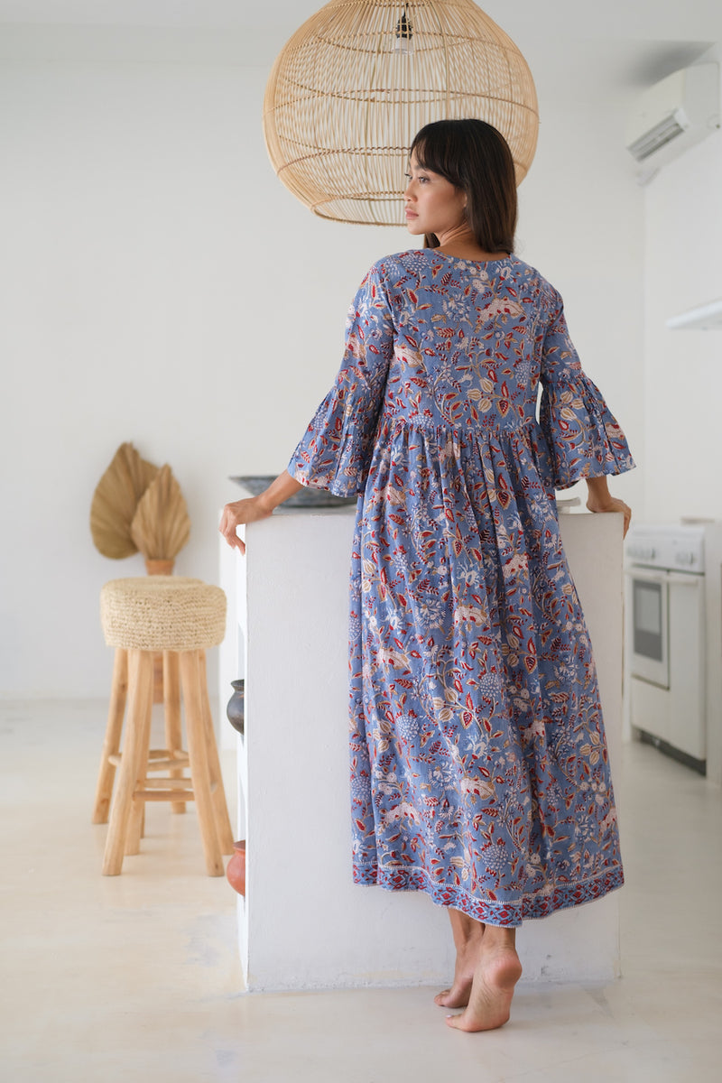 back of blue block printed maxi dress - The Fox and the Mermaid