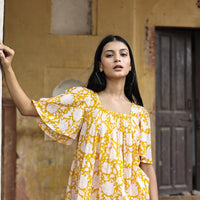 INDIAN BLOCK PRINTED YELLOW DRESS fabric detail 