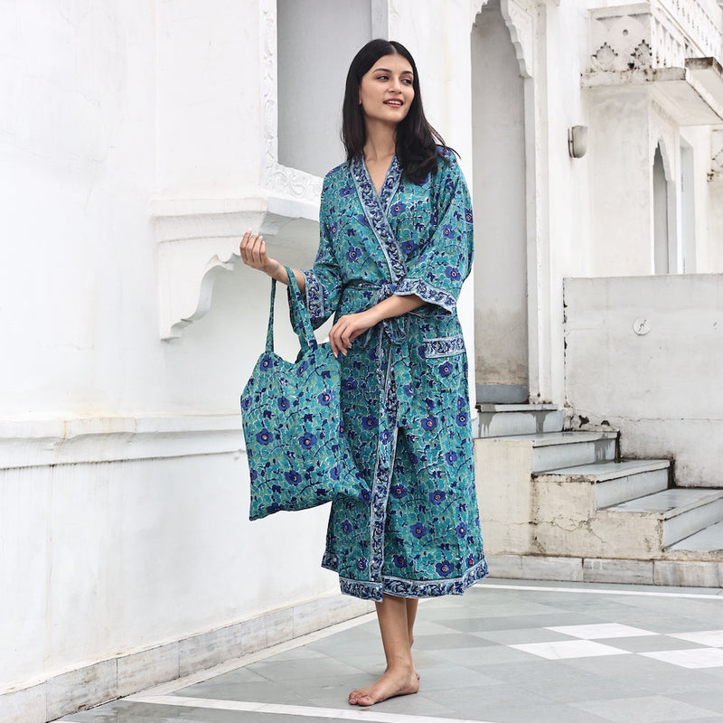 bright green and blue cotton robe - The Fox and the Mermaid