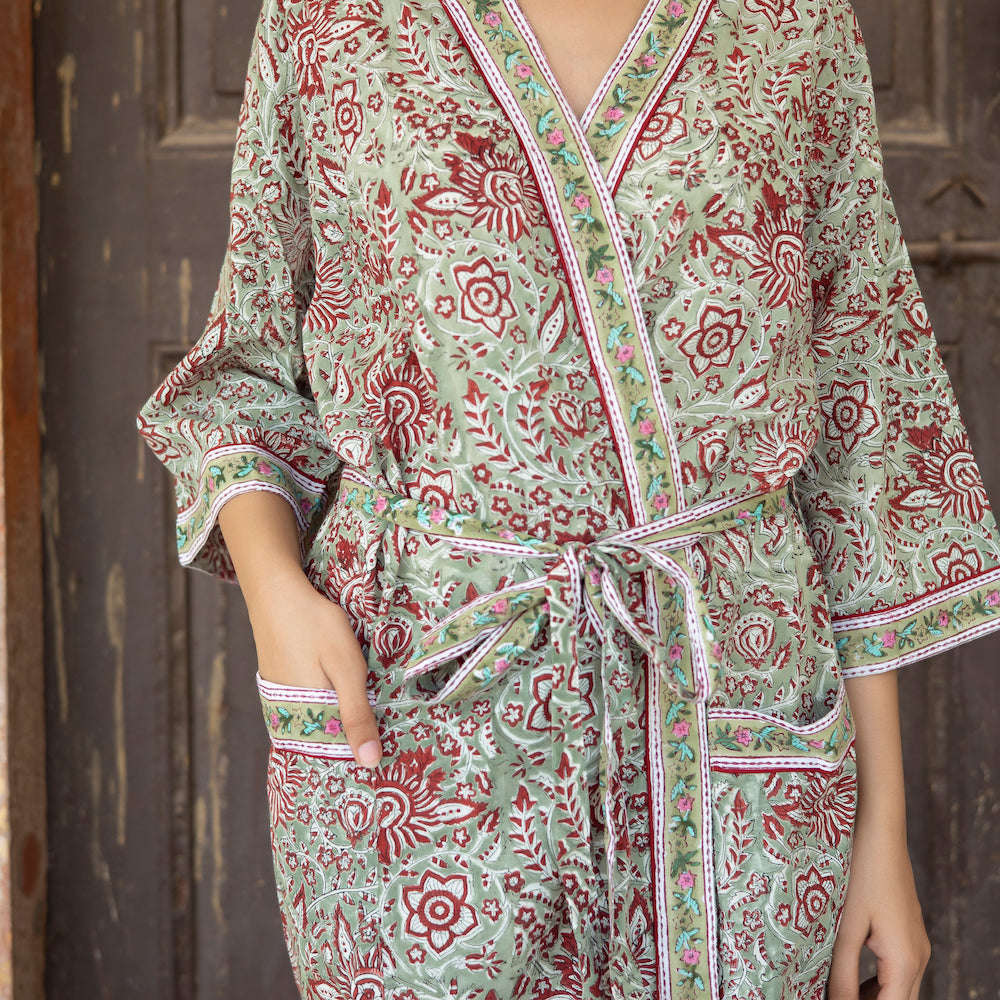 Full Length Cotton Kimono - Jaipur Blue & Yellow – Lime Tree Design