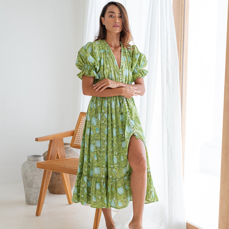 block printed maxi dress with shell buttons - The Fox and the Mermaid