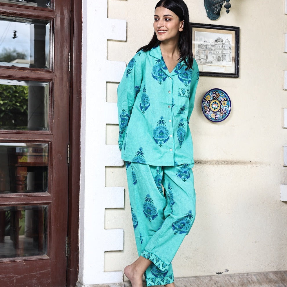 Block Printed Pajama Set: India Green