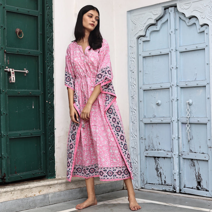 soft pink block printed caftan - The Fox and the Mermaid