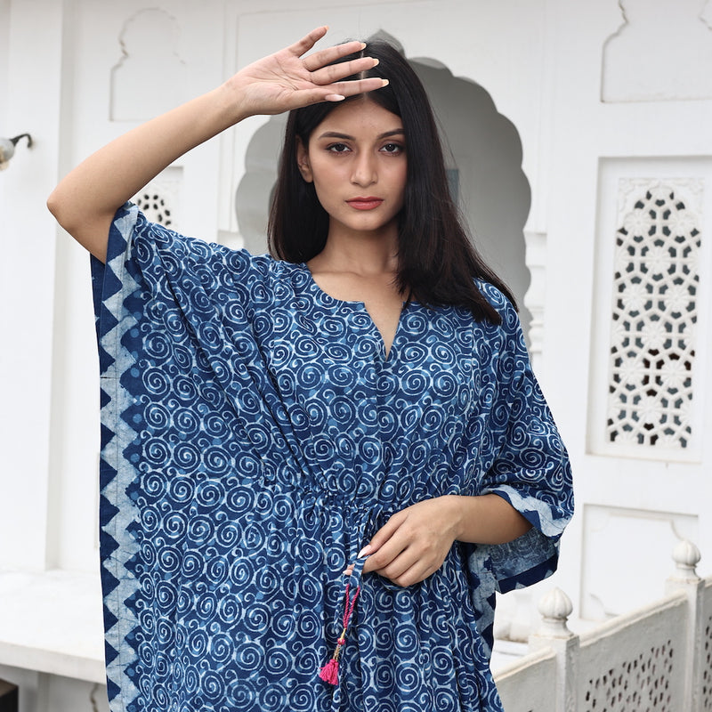 indigo kaftan with pink tassels - The Fox and the Mermaid