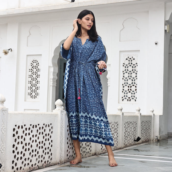 Blue - Shibori Ajrakh Mosaic Fusion Cotton Kaftan (Short) 28
