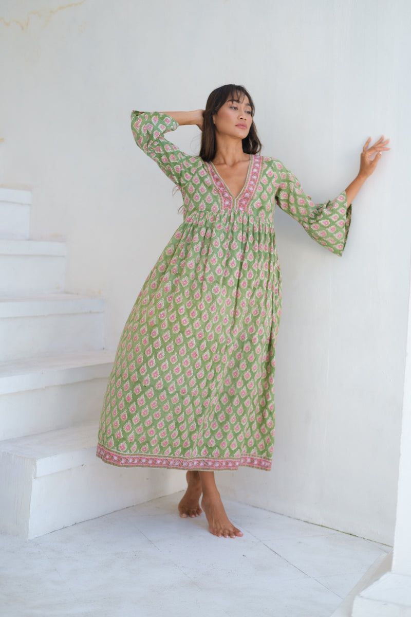 green block printed bell sleeve dress - The Fox and the Mermaid