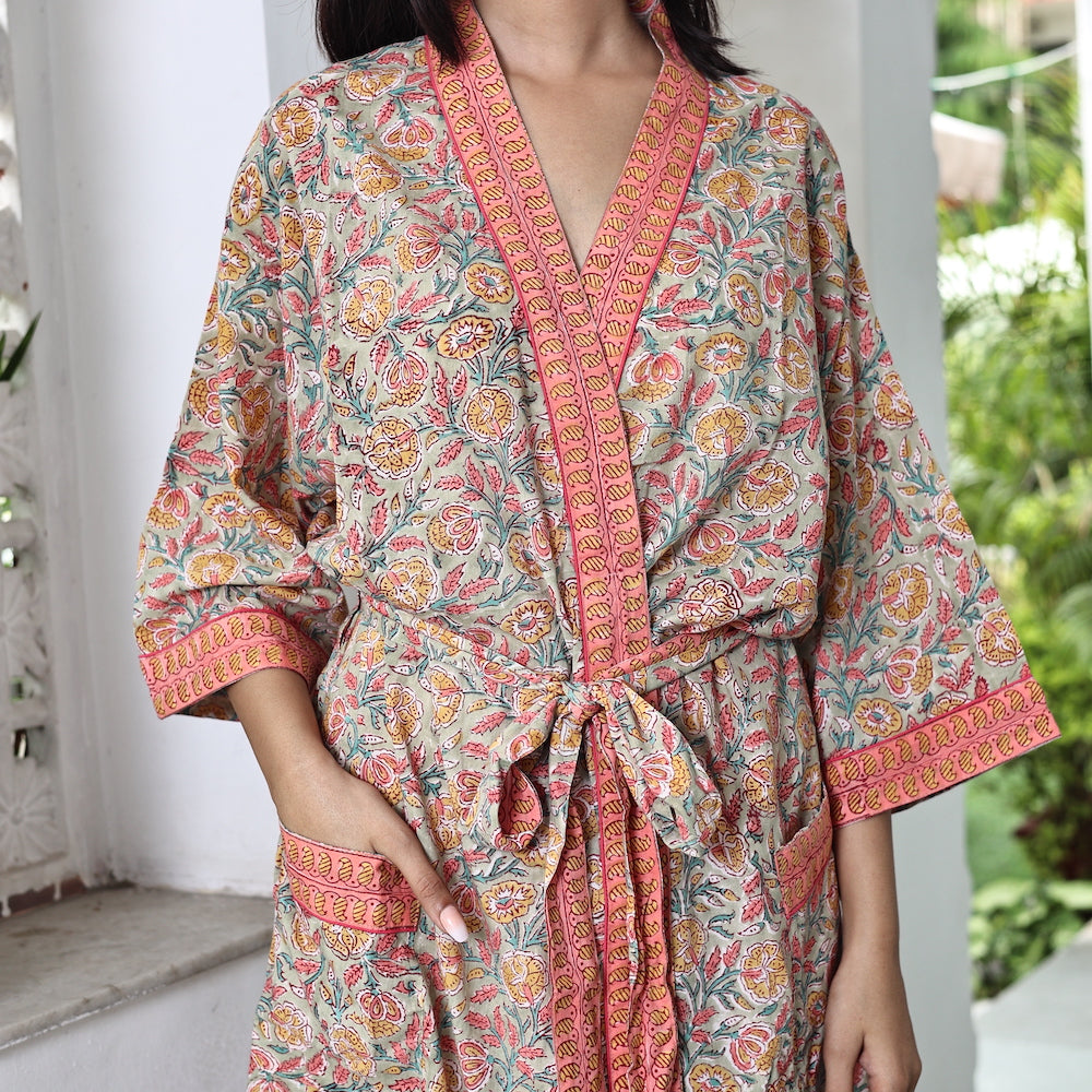 details block printed robe with orange border - The Fox and the Mermaid