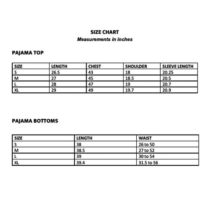 pajama set size chart - The Fox and the Mermaid