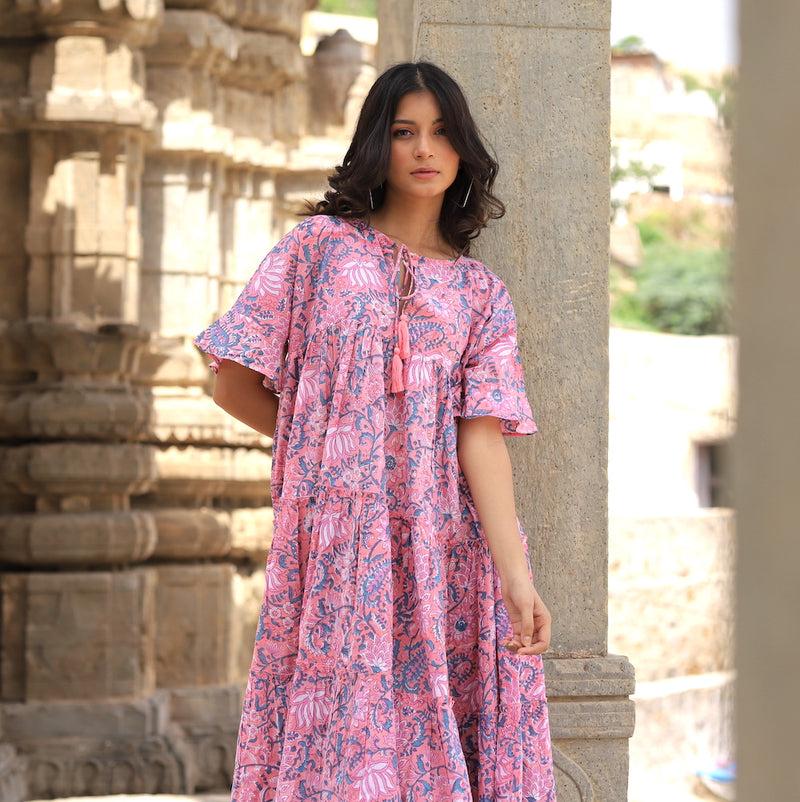 pink block printed boho cotton dress - The Fox and the Mermaid