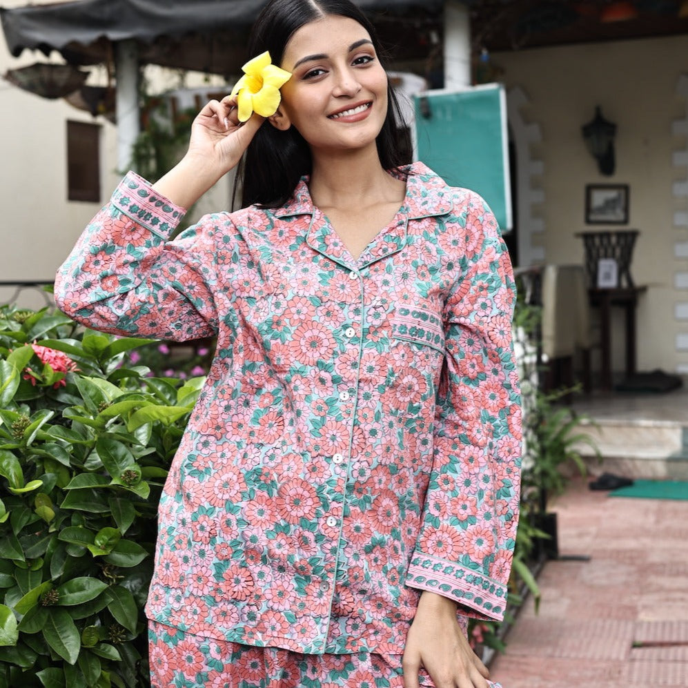 pink floral pajama set - The Fox and the Mermaid