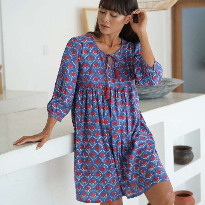 blue cotton indian mini dress  with neck tassel ties