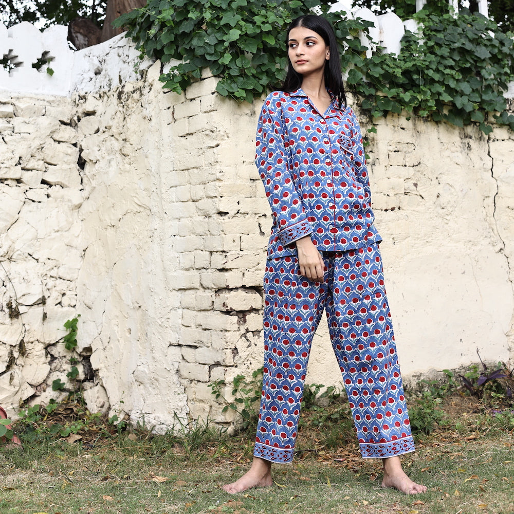 BUY PINK BLUE ELEPHANT HAND BLOCK PRINT NIGHT SUIT-NS84 |Navyasfashion