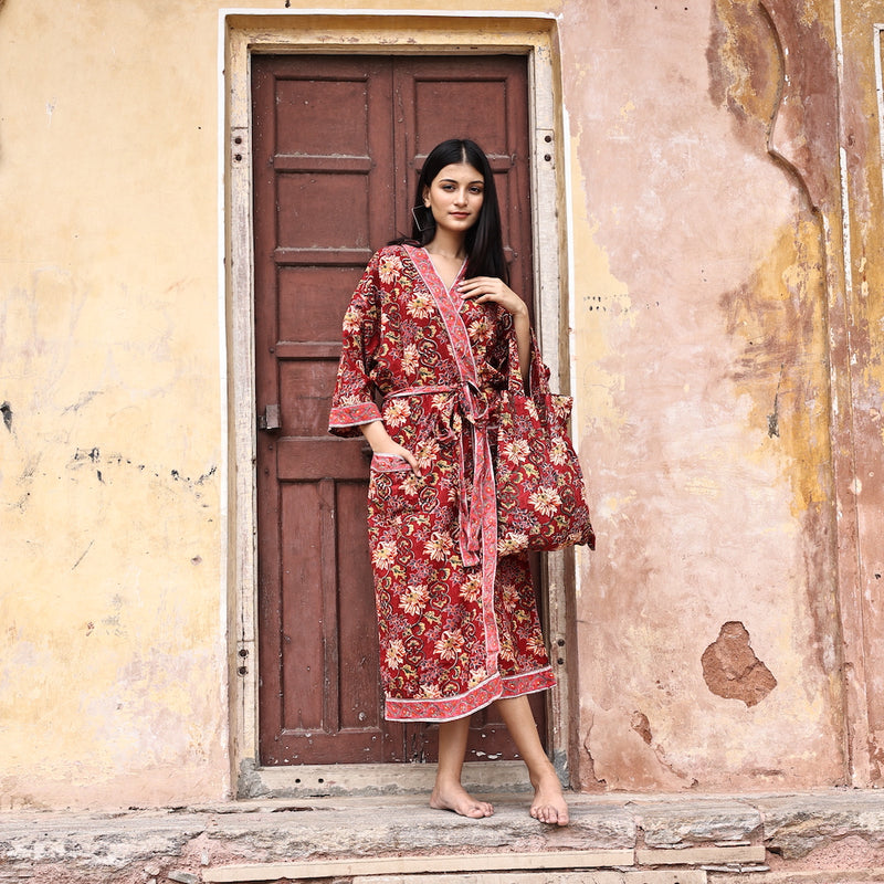 long block printed red robe - The Fox and the Mermaid