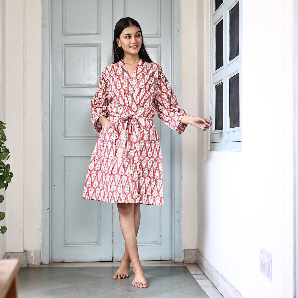 RED block printed indian robe - The Fox and the Mermaid