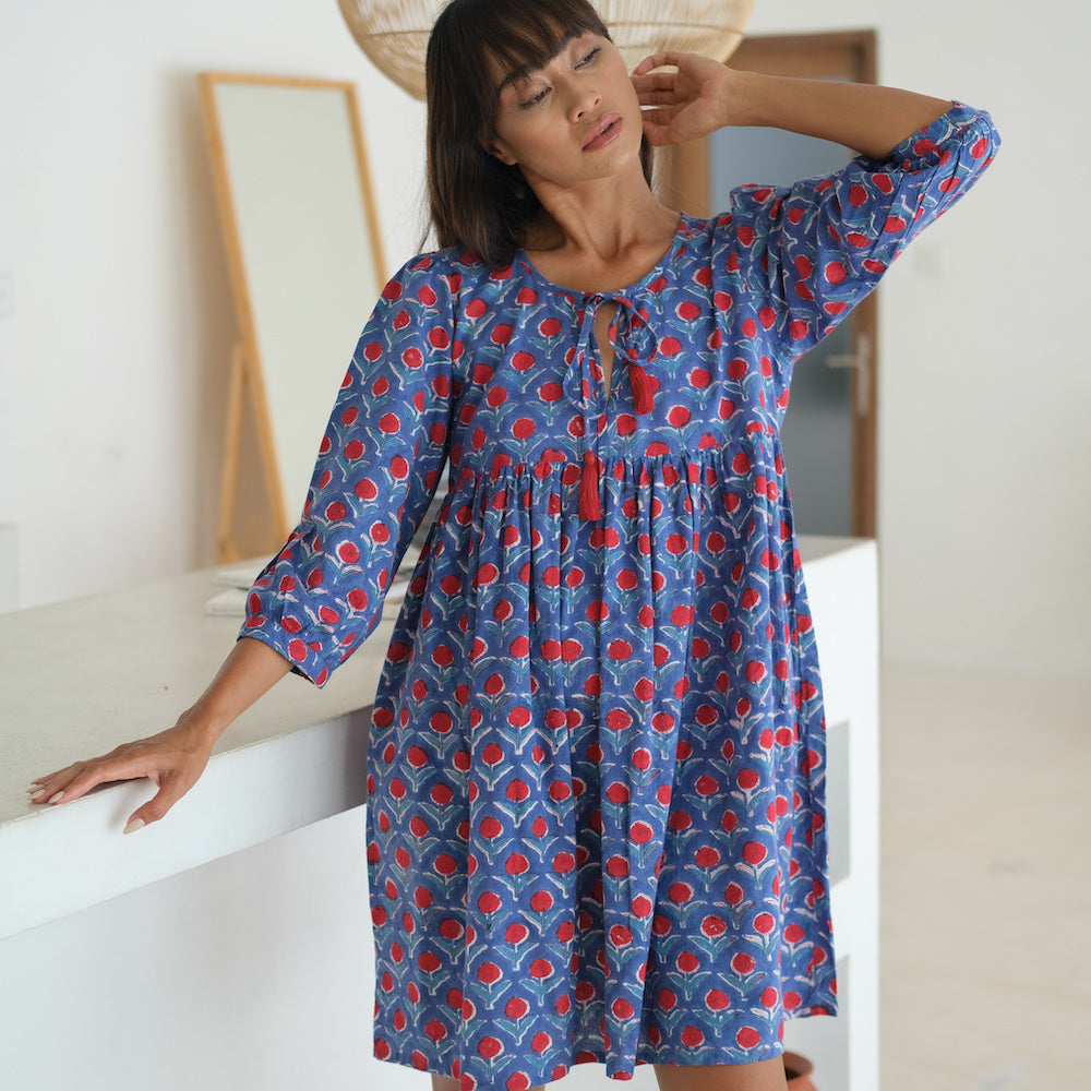 blue tunic dress with red flowers - The Fox and the Mermaid