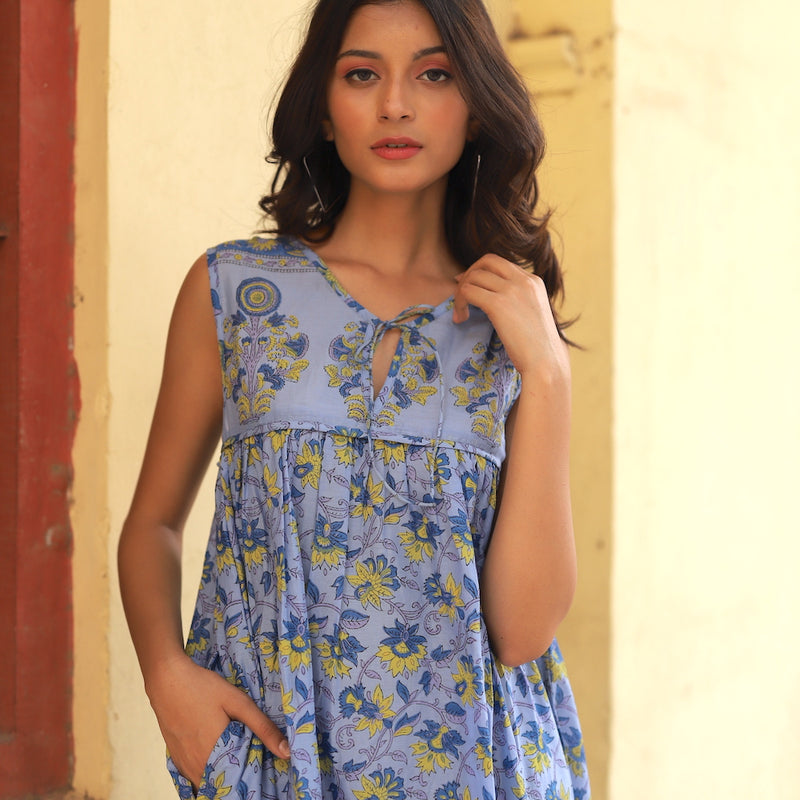 blue and yellow block printed dress  - The Fox and the Mermaid