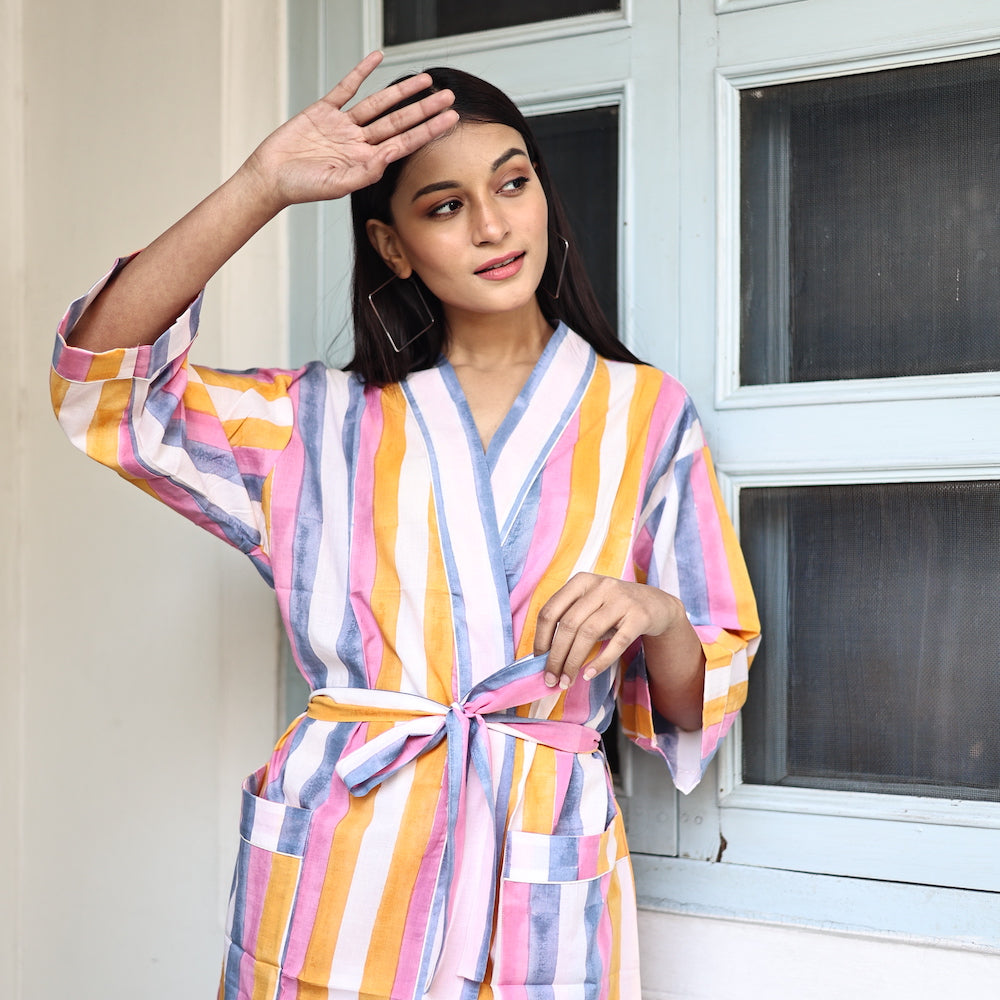 Zeniya Hand Block Print Waffle Cotton Bath Robe | Pinklay