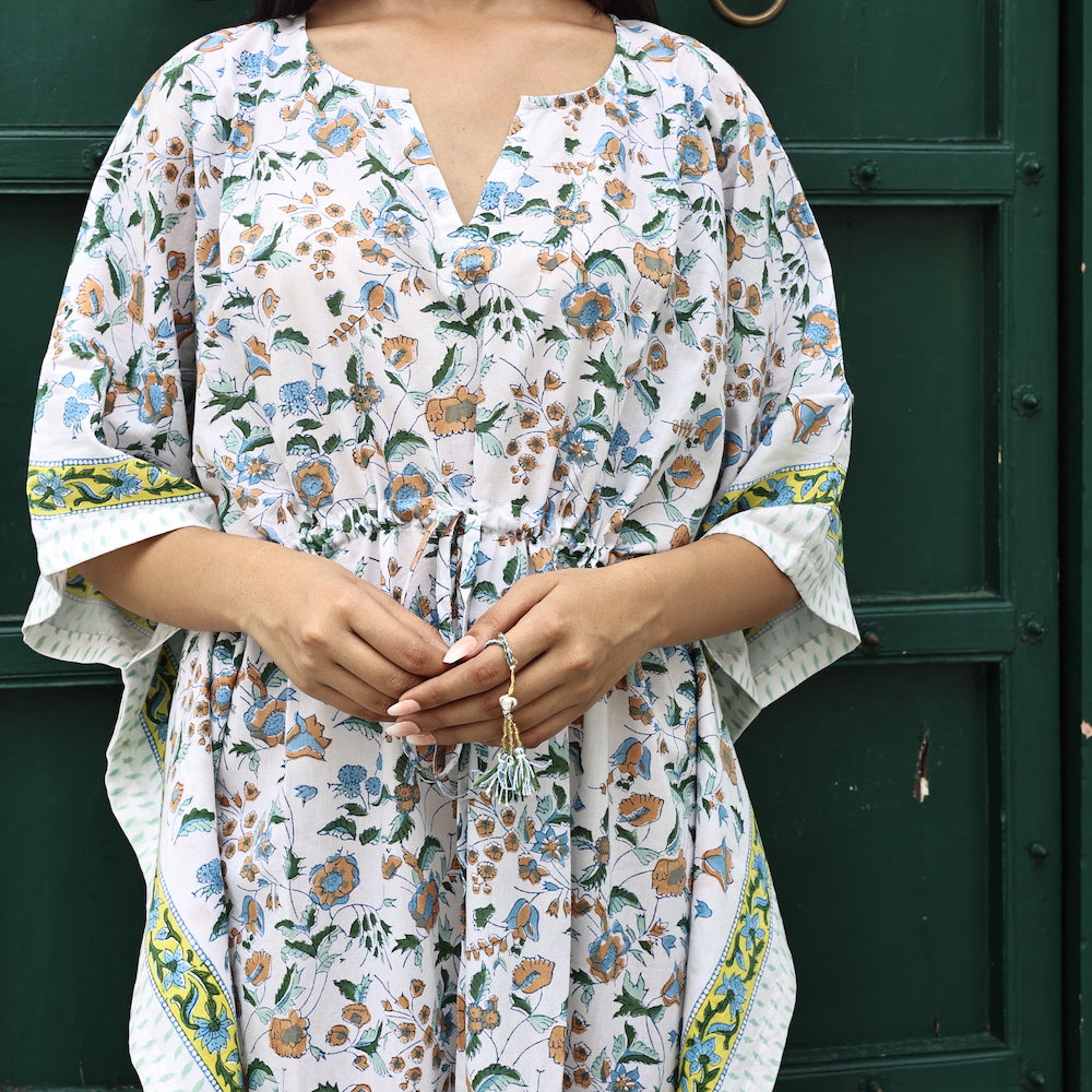 The Fox and The Mermaid Block Printed Cotton Kaftan in Poppy