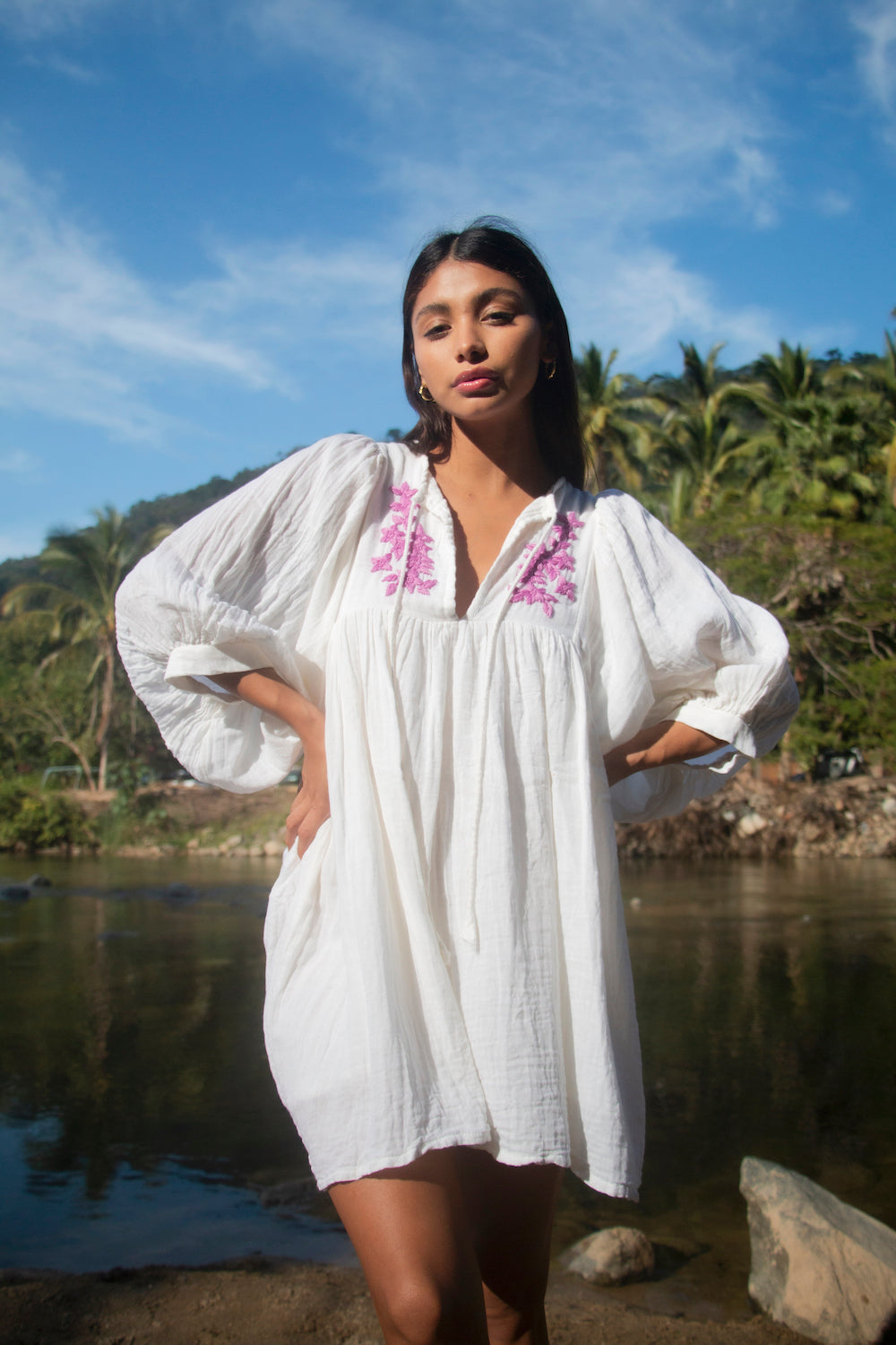 white cotton gauze dress with balloon sleeves 