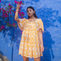 short yellow floral block printed dress 